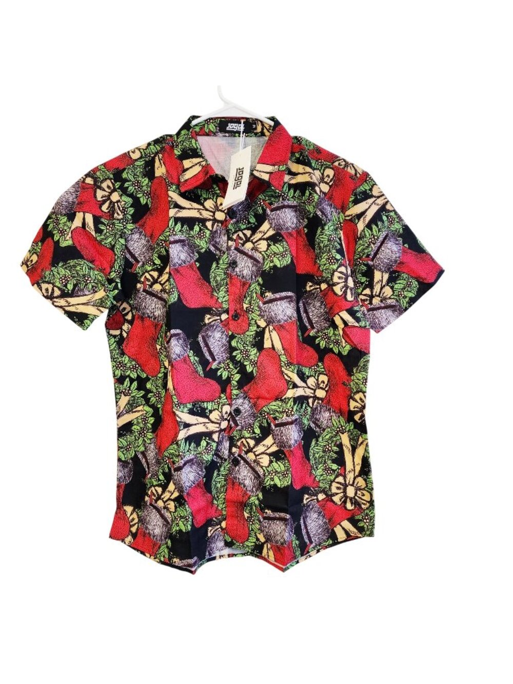 Jogal Mens Christmas-Themed Short-Sleeve Button-Up Shirt Size M Festive